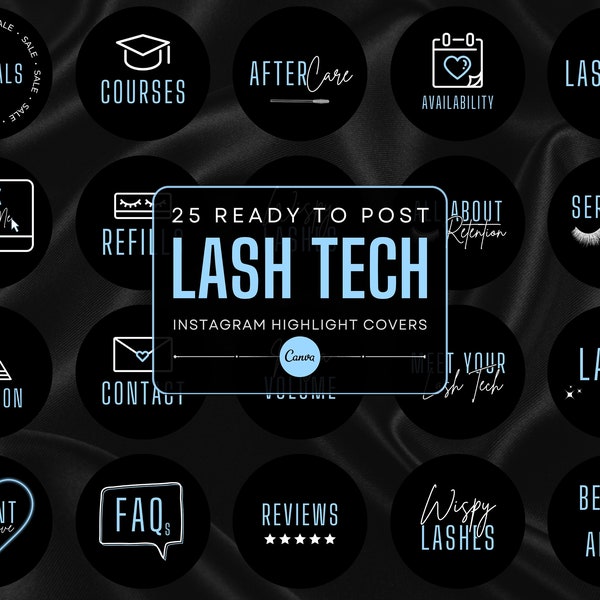 25 Lash Tech Instagram Highlight Cover Templates | Black and Ice Blue Highlight Icons | Lash Tech Branding | Canva Templates