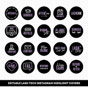 25 Lash Tech Instagram Highlight Cover Templates | Black and Lavender Highlight Icons | Lash Tech Branding | Canva Templates
