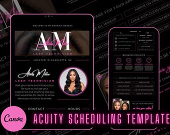 Lash Tech Acuity schemaläggningsmall | Lash Tech-varumärkesbyggande | Lash Tech-webbplats | Canva-mallar | Svart och rosa Acuity