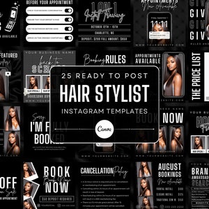 25 Black and White Hair Stylist Instagram Post Templates | Hair Posts | Hair Stylist Branding | Canva Templates