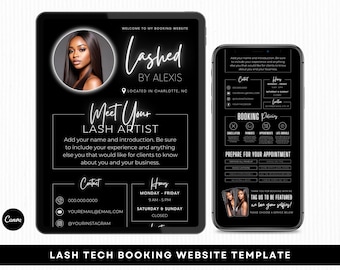 Szablon harmonogramu Lash Tech Acuity | Branding Lash Tech | Strona internetowa Lash Tech | Szablony Canva | Czarno-biały Acuity