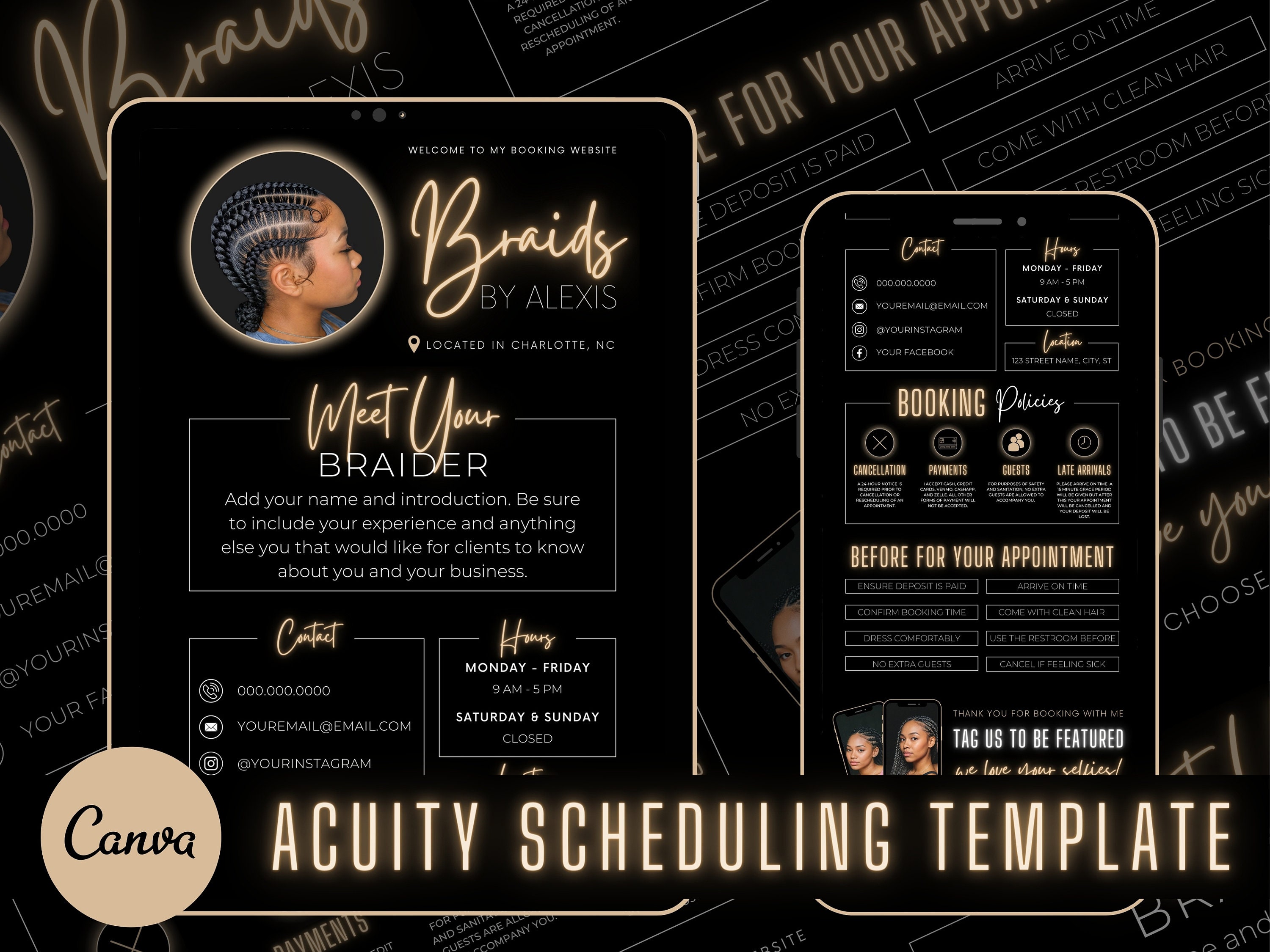 Gold Braider Acuity Scheduling Template | Braider Branding | Braider Website | Canva Templates | Black and Gold Acuity