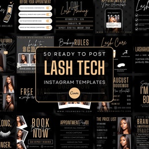 50 Black and Gold Lash Tech Instagram Post Templates | Lash Quotes | Lash Posts | Lash Tech Branding | Canva Templates