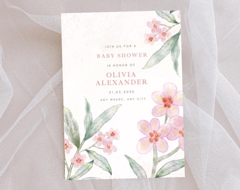 Pink Flowers Watercolor Baby Invitation