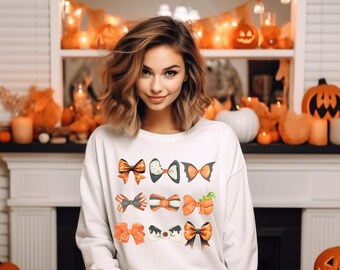 Retro Fall Pumpkin Bow Sweatshirt, Fall Coquette Bow Sweatshirt, Pumpkin Sweater, Fall T-Shirt , Autumn Sublimation Design, Halloween Bow
