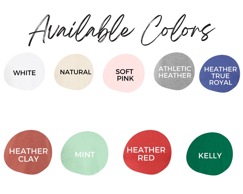 Puede incluir: Colores disponibles para una camiseta: blanco, natural, rosa suave, gris deportivo, azul real jaspeado, arcilla jaspeado, menta, rojo jaspeado y verde kelly.