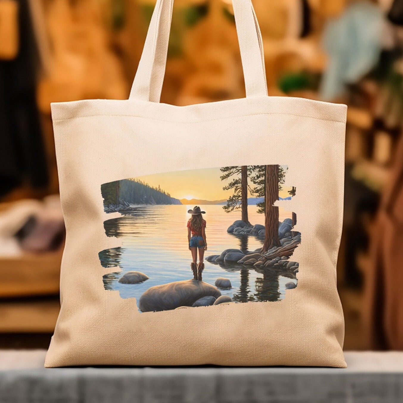 Bolso de mano de vaquera costera bolsa de compras regalo de vaquera costera bolso de diseno de Lake Tahoe bolso de mano de puesta de sol de vaquera costera Etsy Mexico