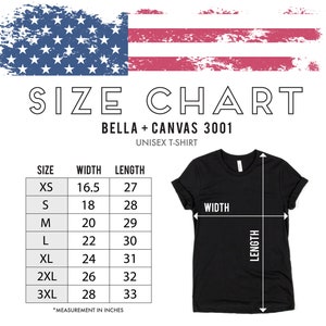 May include: Size chart for Bella + Canvas 3001 unisex t-shirts. The chart shows the width and length measurements in inches for sizes XS to 3XL.