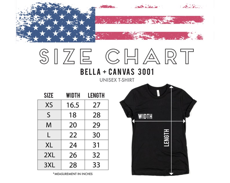 May include: Size chart for Bella + Canvas 3001 unisex t-shirts. The chart shows the width and length measurements in inches for sizes XS to 3XL.