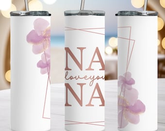 Nana-mugg, Nana Mors dag roséguldblommig, smal mugg 20oz, present till mormor, present till mamma smal mugg 20 oz, Nana-mugg med sugrör
