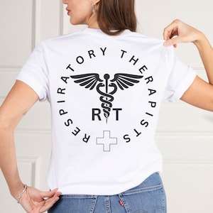 May include: White t-shirt with a black graphic on the back. The graphic is a circle with the text "Respiratory Therapists" around the outside. Inside the circle is a caduceus symbol with the letters "RT" in the center.