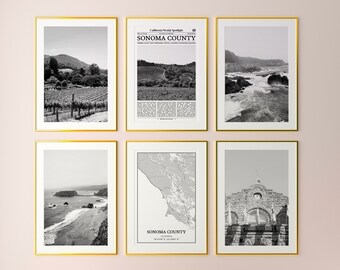 Sonoma County City Prints Set of 6, Sonoma County Black And White Prints, Sonoma County Photo Poster, Sonoma County Map, California