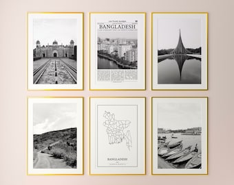 Bangladesch Prints 6er Set, Bangladesch Schwarzweiß Prints, Bangladesch Foto Poster, Bangladesch Wandkunst, Bangladesch Karte, Bangladesch
