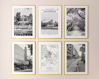 Savannah City Prints Set of 6, Savannah Black And White Prints, Savannah Photo Poster, Savannah Map, Georgia, Stany Zjednoczone