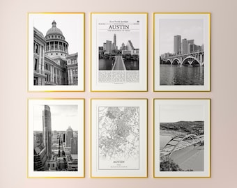 Austin City Prints 6er-Set, Austin Schwarzweißdrucke, Austin Foto-Poster, Austin Wandkunst, Austin Karte, Texas, USA