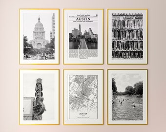 Austin City Prints Set of 6, Austin Black And White Prints, Austin Photo Poster, Austin Wall Art, Austin Map, Texas, United States