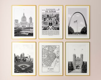 May include: A set of six black and white framed prints featuring various landmarks and scenes from St. Louis, Missouri. The prints include the Missouri State Capitol, an aerial view of the city, the Gateway Arch, Busch Stadium, a map of the city, and the St. Louis University campus.
