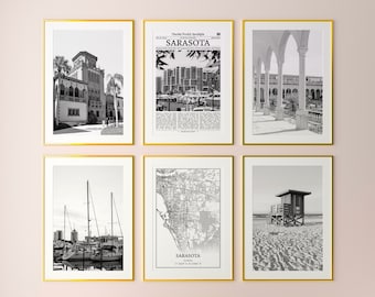 Sarasota  City Prints Set of 6, Sarasota  Black And White Prints, Sarasota  Photo Poster, Sarasota  Map, Florida, United States