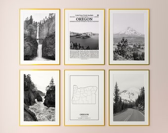 May include: A set of six black and white framed prints featuring scenic views of Oregon, including a waterfall, a lake, a mountain, a river, a map of the state, and a road through a forest.