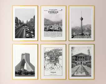 Tehran City Prints Set of 6, Tehran Black And White Prints, Tehran Photo Poster, Tehran Wall Art, Tehran Map, Iran