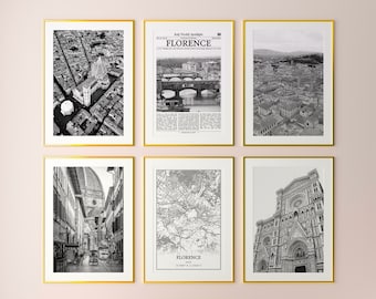 Conjunto de 6 impressões da cidade de Florença, impressões em preto e branco de Florença, pôster fotográfico de Florença, arte de parede de Florença, mapa de Florença, Itália