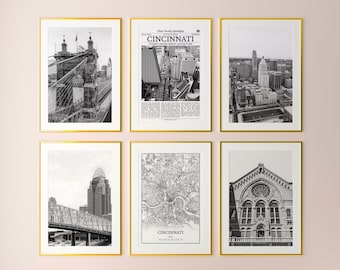 Cincinnati City Prints Set of 6, Cincinnati Black And White Prints, Cincinnati Photo Poster, Cincinnati Map, Ohio, United States