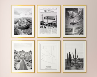 Arizona State Prints, Arizona Black And White Prints Set of 6, Arizona Photo Poster, Arizona Wall Art, Arizona Map, United States
