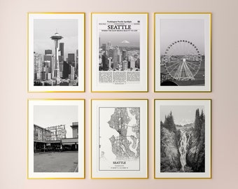 Seattle City Prints Set of 6, Seattle Black And White Prints, Seattle Photo Poster, Seattle Wall Art, Seattle Map, Washington, United States