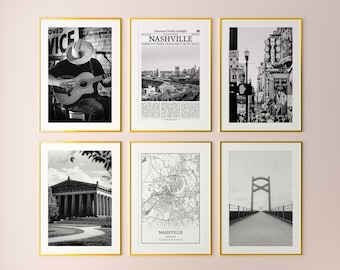 Nashville City Prints Set of 6, Nashville Black And White Prints, Nashville Photo Poster, Nashville Map, Tennessee, United States