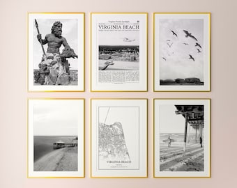 Lot de 6 impressions sur la ville de Virginia Beach, impressions noir et blanc de Virginia Beach, affiche photo de Virginia Beach, carte de Virginia Beach, Virginie