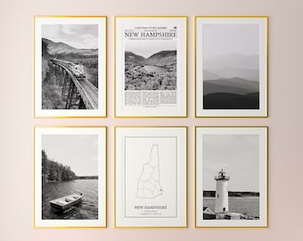 New Hampshire State Prints Set of 6, New Hampshire Black And White Prints, New Hampshire Photo Poster, New Hampshire Map, United States