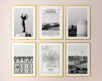 Set di 6 stampe della città di Wichita, stampe in bianco e nero di Wichita, poster fotografico di Wichita, decorazioni murali di Wichita, mappa di Wichita, Kansas, Stati Uniti