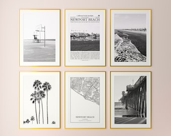 Newport Beach City Prints Set of 6, Newport Beach Black And White Prints, Newport Beach Photo Poster, Newport Beach Map, California