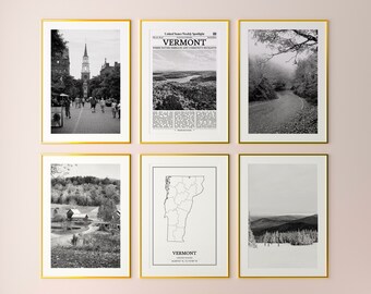 Vermont State Prints 6er Set, Vermont Schwarzweiß Drucke, Vermont Foto Poster, Vermont Wandkunst, Vermont Karte, USA