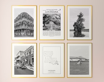 Louisiana State Prints Set of 6, Louisiana Black And White Prints, Louisiana Photo Poster, Louisiana Wall Art, Louisiana Map, United States