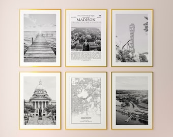 Madison City Prints Set of 6, Madison Black And White Prints, Madison Photo Poster, Madison Wall Art, Madison Map, Wisconsin, United States