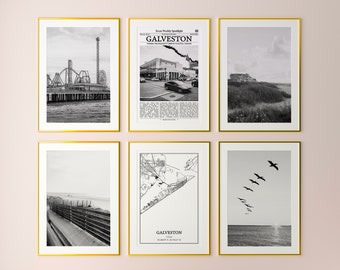 Lot de 6 tirages de la ville de Galveston, tirages noir et blanc de Galveston, affiche photo de Galveston, carte de Galveston, Texas, États-Unis