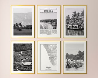 Kerala Prints Set of 6, Kerala Black And White Prints, Kerala Photo Poster, Kerala Wall Art, Kerala Map, India