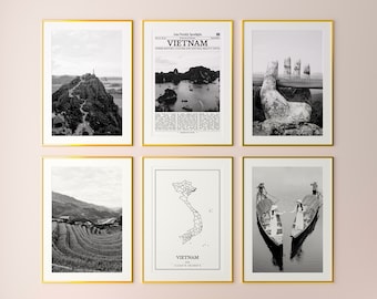 Vietnam Prints Set of 6, Vietnam Black And White Prints, Vietnam Photo Poster, Vietnam Wall Art, Vietnam Map, Vietnam