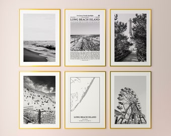 May include: Six black and white framed photographs of Long Beach Island, New Jersey. The photos include a beach scene, a lighthouse, a map of the island, a Ferris wheel, and two photos of the beach.