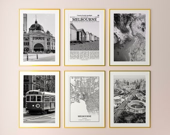 May include: A set of six black and white framed prints featuring various images of Melbourne, Australia. The prints include a tram, a map, a beach, a building, and an aerial view of the city.