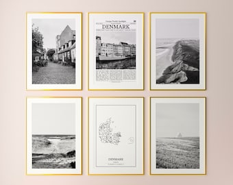 Denmark Prints Set of 6, Denmark Black And White Prints, Denmark Photo Poster, Denmark Wall Art, Denmark Map, Denmark