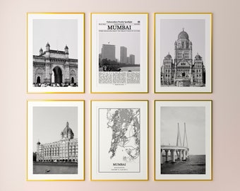 Mumbai City Prints Set of 6, Mumbai Black And White Prints, Mumbai Photo Poster, Mumbai Wall Art, Mumbai Map, Maharashtra, India