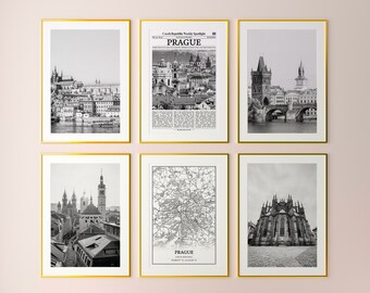 Prague City Prints Set of 6, Prague Black And White Prints, Prague Photo Poster, Prague Wall Art, Prague Map, Czech Republic
