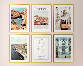 May include: A set of six framed prints featuring various scenes from Portugal, including a beach with rock formations, a cityscape, a tram, a tiled building, and a map of the country. The frames are gold and the prints are in a vintage style.