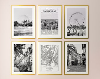 May include: A set of six black and white framed prints featuring various images of Montreal, Canada. The prints include a cityscape, a Ferris wheel, a map, and a street scene. The frames are gold.