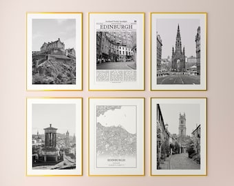 Edinburgh City Prints Set of 6, Edinburgh Black And White Prints, Edinburgh Photo Poster, Edinburgh Wall Art, Edinburgh Map, Scotland
