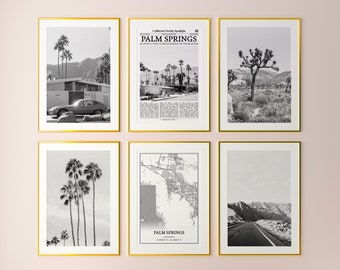 Palm Springs City Prints Set of 6, Palm Springs Black And White Prints, Palm Springs Photo Poster, Palm Springs Map, California