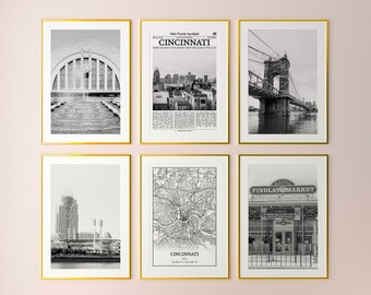 Cincinnati City Prints Set of 6, Cincinnati Black And White Prints, Cincinnati Photo Poster, Cincinnati Map, Ohio, United States
