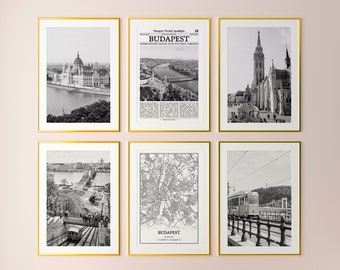 Budapest City Prints Set of 6, Budapest Black And White Prints, Budapest Photo Poster, Budapest Wall Art, Budapest Map, Hungary